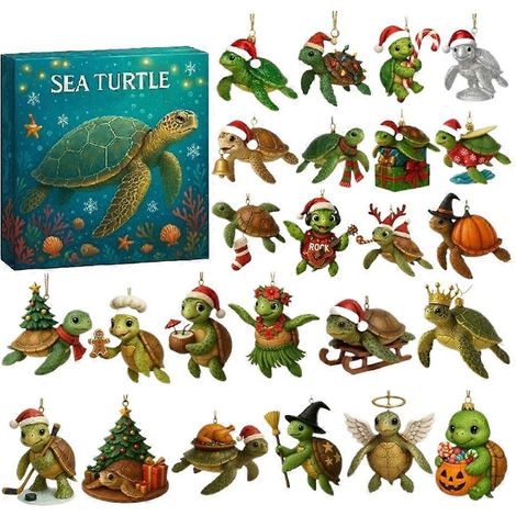 Weihnachtskalender mit Meeresschildkröten-Motiv, 24 Tage, 2D-Acryl-Dekoration, Meeresschildkröten-Ornament, Countdown-Kalender 2025 für Zuhause und Auto (1/5)