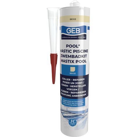 Mastic étanche spécial piscine Beige 290 ml pour coller, jointoyer et réparer même sous l'eau des éléments de piscine, carrelage, mosaïque, margelle, projecteur, bonde (1/5)