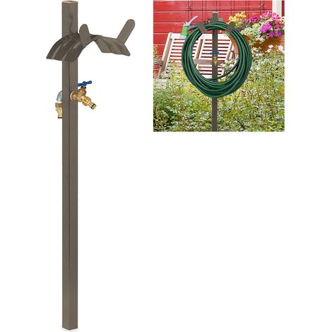 Relaxdays Standing Tap with Hose Pipe Holder, Hanger, for 45 m Hosepipe, 2 x 1/2" Adapter, 107.5 cm Tall, Steel, Brown (1/5)