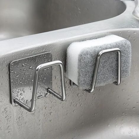 Zwei Edelstahl-Schwammhalter für die Spüle zur Aufbewahrung von Schwämmen, Stahlwolle und Abflussreiniger. Geeignet für die Verwendung in Spülbecken und Küchenutensilien.