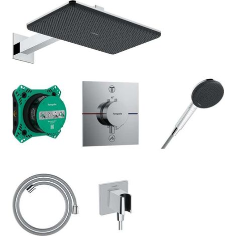 Hansgrohe Raindance Alive Q - Set de douche avec thermostat encastré, corps d’encastrement, 21x34 cm, 3 jets, chrome 24620000