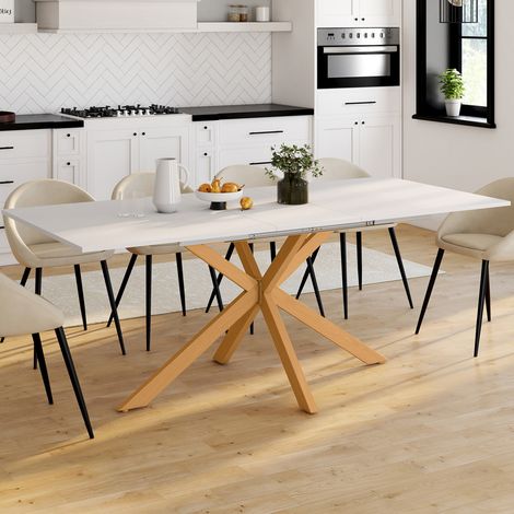 Table à manger extensible rectangle GISELE 6-10 personnes pied araignée bois et plateau blanc 160-200 cm