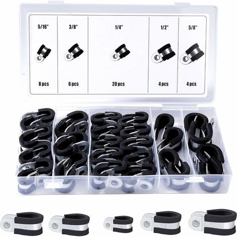 royaluxe - Collier de Serrage Réglable Serre-Joints à Tuyaux 5/16" 3/8" 1/2" 1/4" 5/8" Assortiment en Caoutchouc Zinc Plaqué Câble Clamp 42 Pièces,noir (1/5)