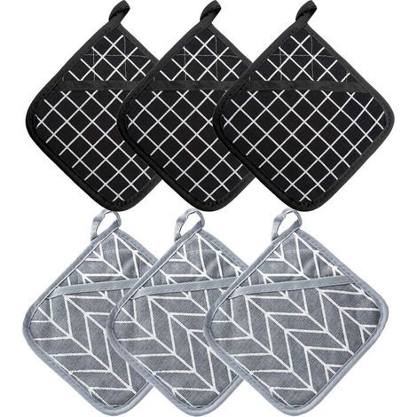 Maniques Cuisine et Gant Four Résistants à la Chaleur 392 ° F, Gant Cuisine Four Épaisses Set de Coton Recyclé Rempli, pour la Cuisine, la Pâtisserie, 17cm x 17cm, 3PCS Gris et 3PCS Noir