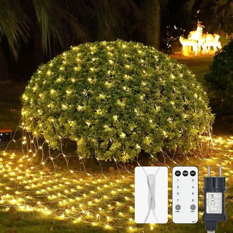 Filet lumineux d'extérieur, 2x2m 144 LED guirlande lumineuse d'extérieur blanc chaud avec prise, filet lumineux d'intérieur étanche avec télécommande et minuterie 8 modes, pour buissons jardin