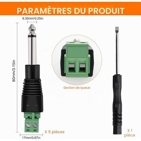 6.3mm TRS Male to Screw Terminal Block, 2 Pole Audio Seamless Plug Adapter, Mono Male 1/4" Male to Screw Terminal Block for Microphone Speaker with Screwdriver (1/4)