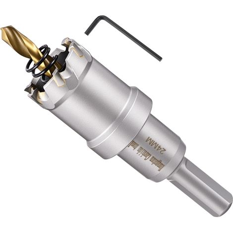 Kit de scie-cloche en carbure de tungstène avec foret central, clé hexagonale et ressort – pour métaux durs, tôles en acier inoxydable, tubes carrés, fibre de verre, argent (1/5)