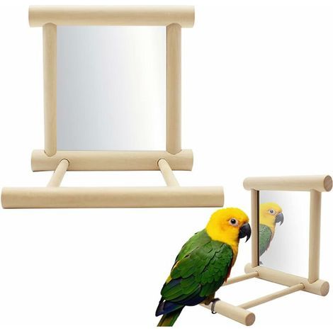 Miroir Oiseau avec Perche, FainFun 101010 CM Perchoir en Bois avec Miroir pour Oiseaux, Support Oiseau Perchoir avec Miroir, Jouet Miroir pour Perroquet, Pigeon, Canari, Oiseau Morsure Jouet Miroir (1/5)