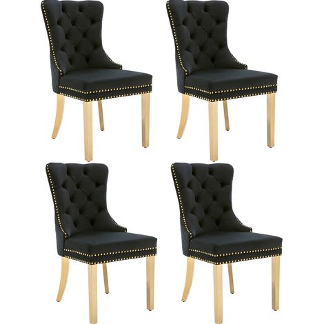 Chaise de salle à manger en velours noir avec pieds en acier inoxydable doré et anneau rond décoratif (1/5)