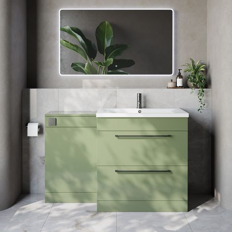 Napoli 460 Olive Green 1300mm 2 Drawer Vanity Unit Toilet Suite with Glide Basin - 1300mm - Gunmetal Grey 480mm HandleWithout Kingston Toilet Pan