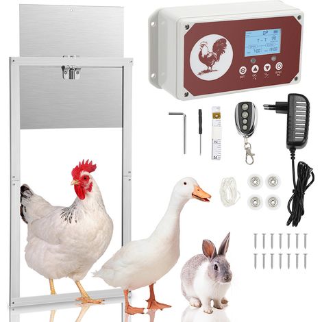 Randaco Automatische Hühnerklappe,mit LCD-Anzeige、Lichtsensor、Fernbedienung und Zeitschaltuhr,IP44wasserdicht,aus Alu,batteriebetrieben und Adapter,30x30cm