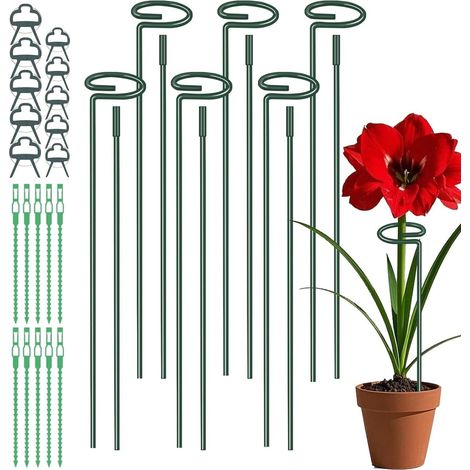 Soporte para plantas de 6 piezas, 30 cm/60 cm/90 cm, soporte de varilla individual ajustable, anillo de soporte de metal de 6 cm con 10 clips y ataduras para flores, rosas, peonías y tomates.