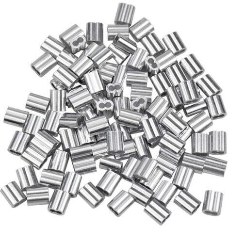 100 manchons en aluminium, embouts de câble en aluminium, pinces à sertir en aluminium à double extrémité pour fils d'acier et câbles d'aviation, argent (1,5 mm/0,06 po) (1/3)