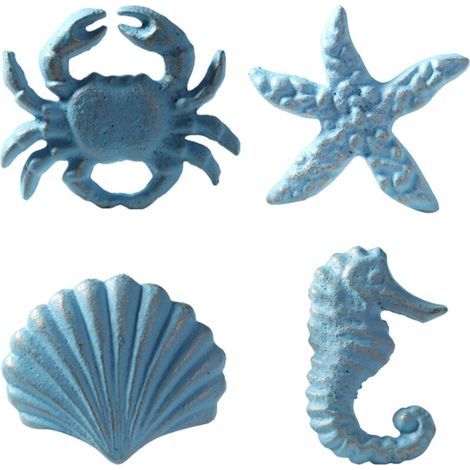 Tirador de cajón de hierro fundido estilo náutico retro - Armarios de cocina, vestidor, armario, equipo informático - Diseño de caballito de mar, estrella de mar, cangrejo y vieira (4, azul) (1/5)