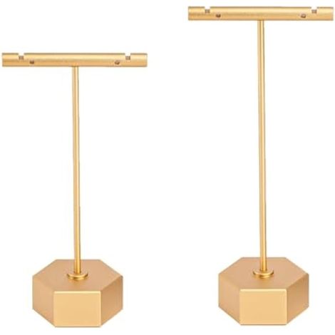 Lot de 2 présentoirs à boucles d'oreilles en métal, 11/14 cm de haut, avec châssis, rangement pour colliers, bracelets, bagues, boucles d'oreilles, dorés