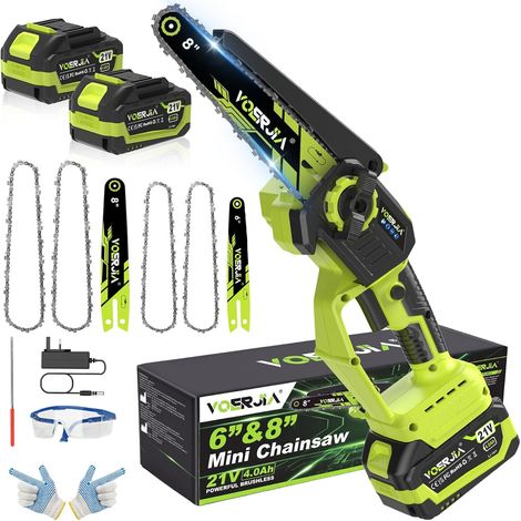 Mini Tronçonneuse à Batterie 21V avec Moteur Brushless et Lubrification Automatique, Élagueuse Électrique sans Fil 6 et 8 Pouces, 2 x 4.0Ah Batteries (LCD), pour Élagage, Jardinage (1/5)