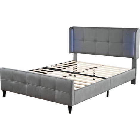 Cama doble tapizada 140x200 cm de terciopelo gris con LED de 16 colores y cabecero ajustable (1/5)