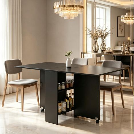 Mesa de comedor plegable extensible negra con ruedas 140 x 75 x 74 cm (1/5)
