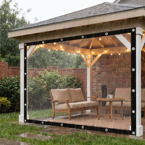 Cortina de patio transparente de PVC de 3x3 m, impermeable, resistente al viento, para pérgola, protección contra la lluvia y los rayos UV, no requiere perforación para uso exterior. (1/5)