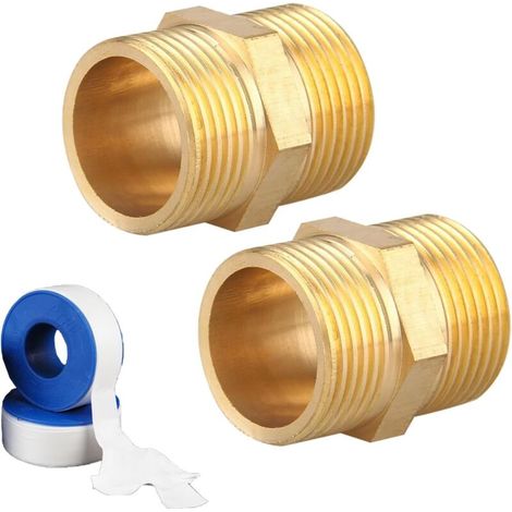 Lot de 2 doubles de 1'', en laiton, filetage extérieur avec 2 ceintures de matières premières, raccord 2 raccords filetés AG, double mamelon en laiton, adaptés à l'eau potable (1/4)
