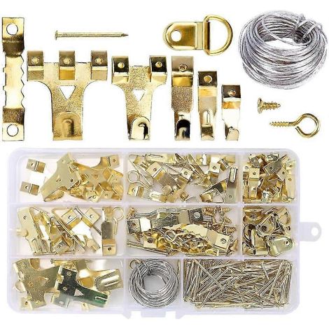 Kit de 220 crochets pour tableaux, crochets pour cadres photo, crochets muraux avec fils de suspension, anneaux en D en dents de scie et vis. (1/4)