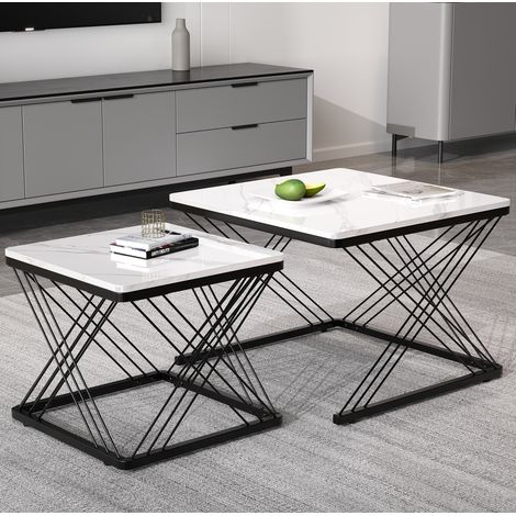 Tavolini bassi set da 2 quadrati, effetto marmo lucido, piedini regolabili, bianco/nero HAVRYA (1/5)
