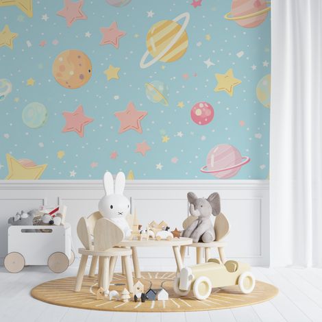 Papier peint enfant planetes pastel et etoiles reveuses 1 - 150 x 250 cm (1/2)