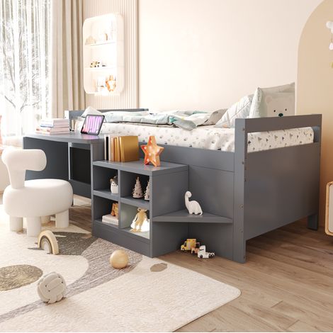 Cama infantil 90 x 200 cm con escritorio, almacenamiento y puertos USB, gris HAVRYA (1/5)