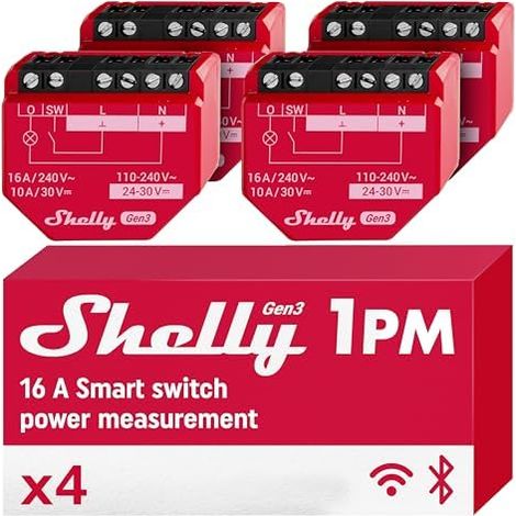 SHELLY 1PM GEN3 - INTERRUPTEUR CONNECTÉ WI-FI ET BLUETOOTH, 1 CANAL - 16A, COMPTEUR D'ÉNERGIE INTÉGRÉ, AUCUN HUB REQUIS, MÉMOIRE