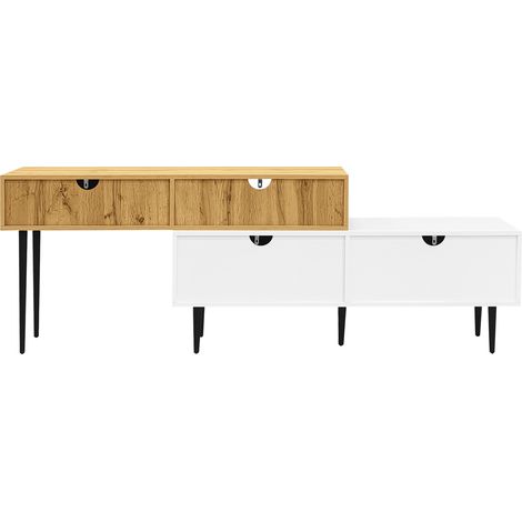 Meuble TV modulaire avec longueur ajustable, panneaux bois et blanc mat, pieds métal noirs (1/5)