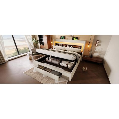Cama con almacenamiento tapizada en lino beige 140x200 cm con somier, LED, USB/USB-C y colchón incluido (1/5)