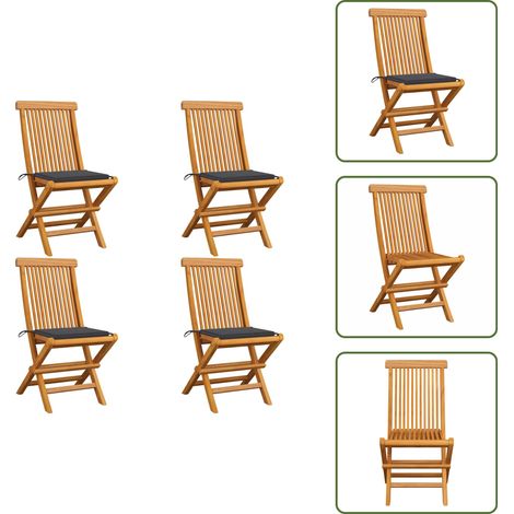 Chaises de jardin et coussins anthracite lot de 4 Bois de teck - Chaise De Jardin Pliable - Chaise De Jardin En Bois - Mobilier De Jardin - Fauteuil De Jardin - Terrasse (1/5)