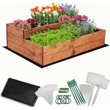 MODO24 Carré potager surélevé en bois, 2 niveaux en cascade, 27x90x63 cm, jardin/terrasse, kit jardinier inclus, brun imprégné (1/5)
