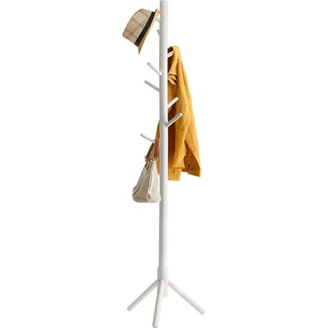 Portemanteau en Bois, Portant à Vêtements avec 8 Crochets, Porte Manteau sur Pieds, Assemblage Facile, pour Chapeau, Vêtements, Sac à Main, Foulards, parapluie (Blanc) (1/5)