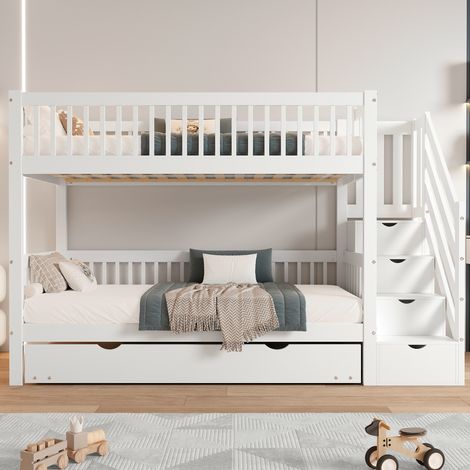Lit superposé enfant 90x200/190cm blanc, lit gigogne roulant, escalier de rangement avec main courante, barrières anti-chute sur tous les côtés, pin + MDF