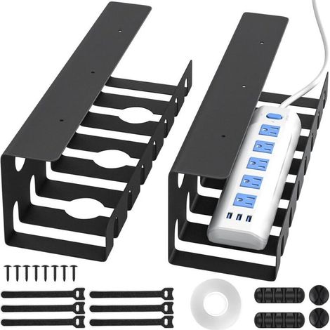 Chemin de Cable Bureau (Set de 2) - Passe Cable Bureau en Acier - Montage Rapide et Facile - Cache Cable - Cable Management Solide et Pratique 5kg Max, Noir (1/4)