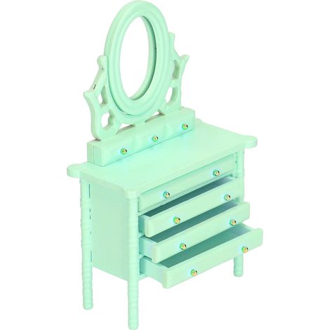 Table de toilette miniature en bois à l'échelle 1:12 avec miroir, verte, pour maison de poupée. (1/5)