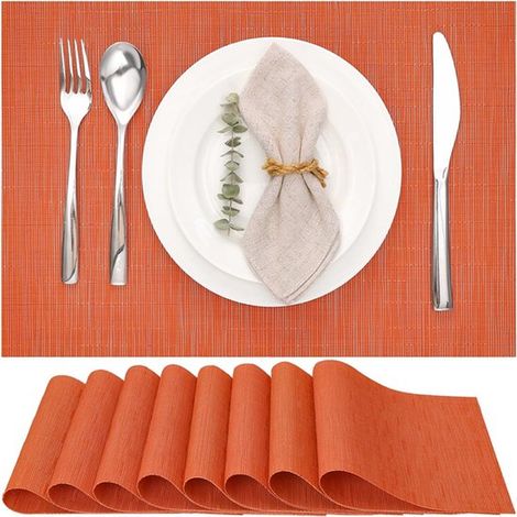 Juego de 6 manteles individuales, PVC tejido, Antideslizantes y resistentes al calor hasta 100 °C, 43 x 30 cm, Lavables, Naranja (1/5)