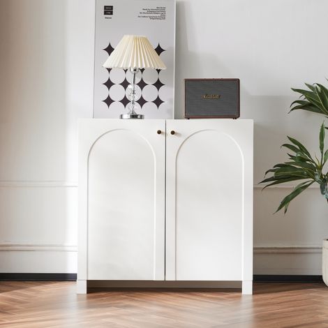 Eifson – Buffet 80x40x80 cm avec 2 portes et poignées dorées – Motif arqué élégant – Meuble vertical pour salon et cuisine – Panneau de particules (1/5)