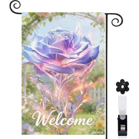 Drapeau vertical arche de jardin et rose bleue violette 30 x 45 cm décoration jardin d'été (1/5)