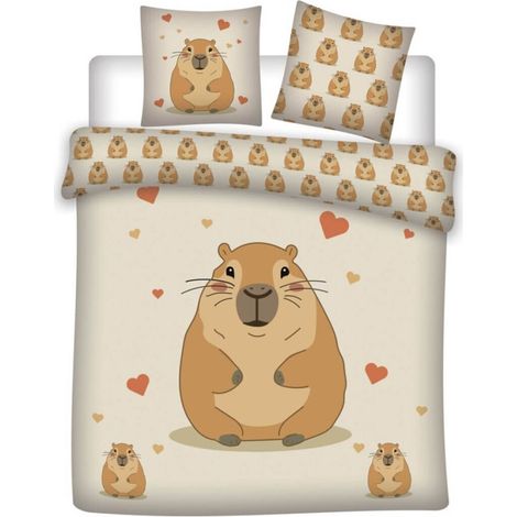 Parure de lit - Capybara Love – Réversible – 240x220 cm + 2x65x65 cm – Beige