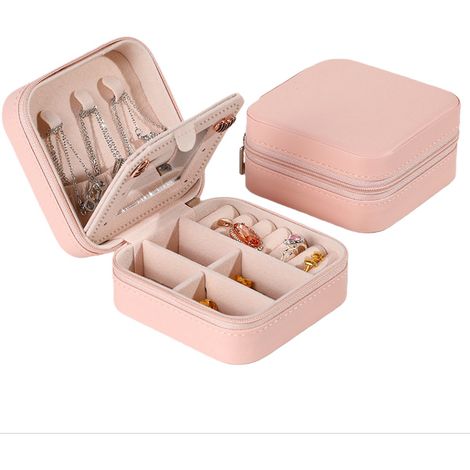 Boîte à bijoux avec miroir, organisateur de bijoux à motif croisé, idéale pour ranger boucles d'oreilles, bagues et colliers, rose. Une pièce. (1/5)