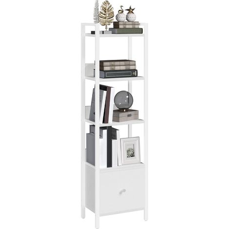 Bibliothèque, Étagère de Rangement à 5 Niveaux, avec Tiroir Amovible, Étagère à Livres sur Pieds pour Petits Espaces, Meuble de Rangement, pour Salon, Chambre, Bureau, Blanc (1/5)