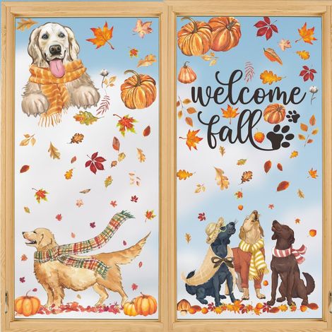 Horaldaily Adesivi Finestre Cani Zucche Foglie 77 Pezzi (1/4)
