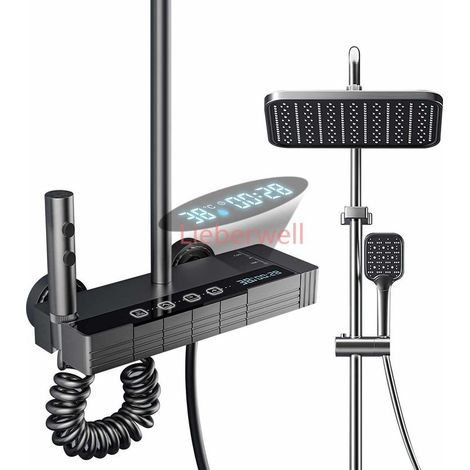 4-Speed Piano LIEBERWELL Bathroom Shower System, Key Rainfall Shower Set with LED Digital Display, Copper Faucet, Black (1/5)