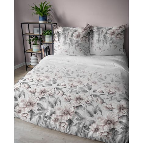 Linge de lit en satin 220x200 cm Detexpol blanc poudré gris floral romantique (1/5)