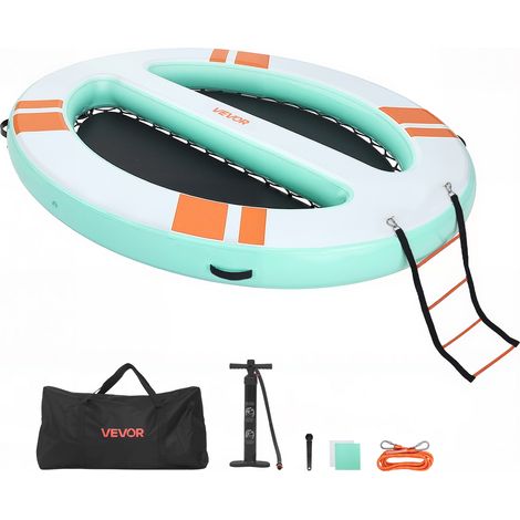 VEVOR Colchoneta para Piscina 3,05 x 2,44 m, Flotador Inflable Gigante Redondeado, con Malla Escalera Desmontable Bolsa Portátil Bomba Manual, Isla de Agua Hamaca Inflable para Playa Piscina Lago Mar