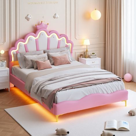 Lit Enfant Rembourré 140x200 cm avec LED,Lit Princesse Couronne,Lit Filles,Lit Double 140x200 avec Tête de lit Réglable Hauteur,PU, Rose