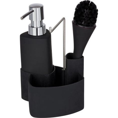 WENKO Set lavare piatti Empire nero - con spazzola Capacità: 0.25 l, Ceramica in finitura soft touch, 11 x 19 x 12.5 cm, Nero (1/5)