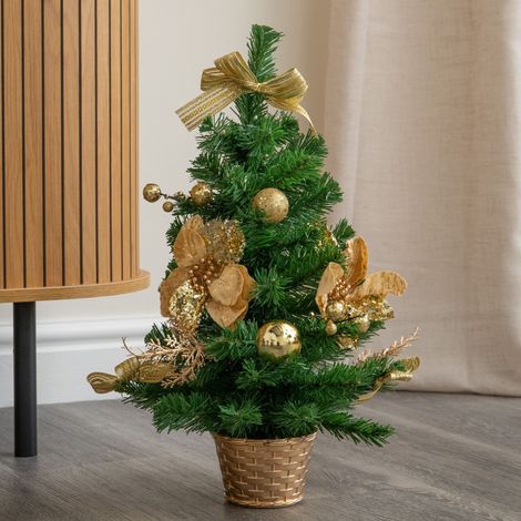 50cm Mini Christmas Fir Tree in Plastic Pot with Gold Decorations (1/5)